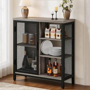 BON AUGURE Liquor Cabinet Bar for Home, Farmhouse Coffee Storage Cabinet for Kitchen, Small Wood Sideboard Buffet Station Cabinets with Door (Dark Grey Oak, 36")