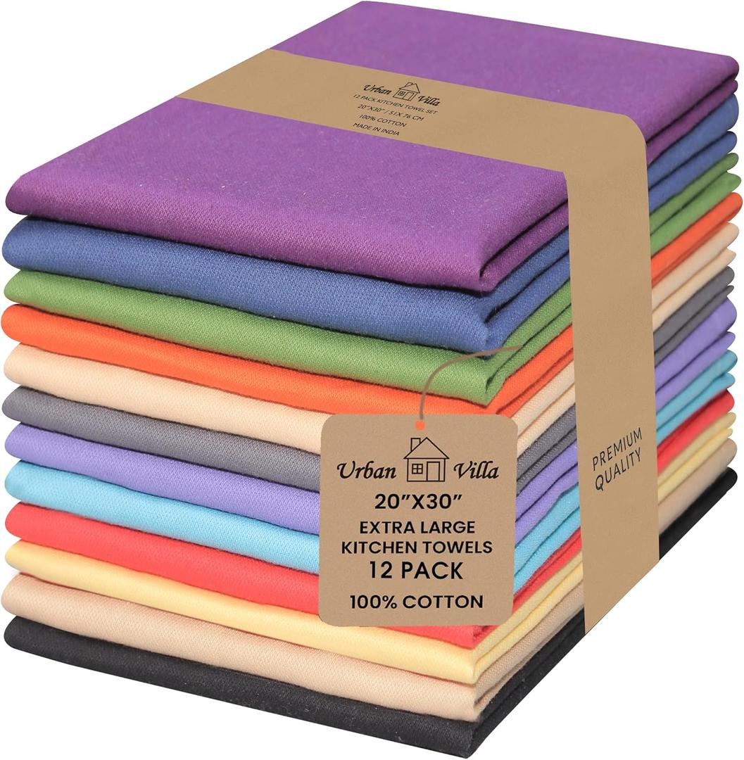 Urban Villa Kitchen Towels 100% Cotton Dish Towels for Kitchen(Set of 12)20x30 Dish Cloths Highly Absorbent Kitchen Linen Set with Hanging Loop Perfect for Drying Dishes Cleaning Hand Towels Multi