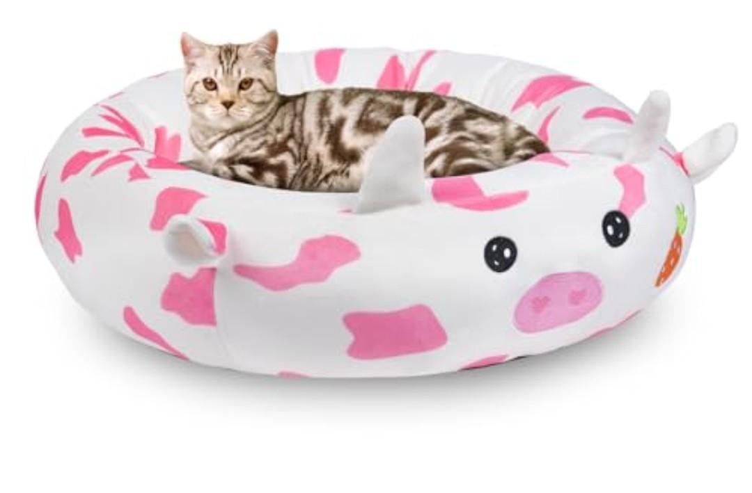 26" Strawberry Cow Pet Bed, Calming Dog & Cat Plush Bed, Fulffy Comfy Padded Cat Mat Plush Pet Bed, Non-Slip Bottom, Soft Washable Sleeping Dog Cot for Medium Small Dogs Cat Puppy Kitty
