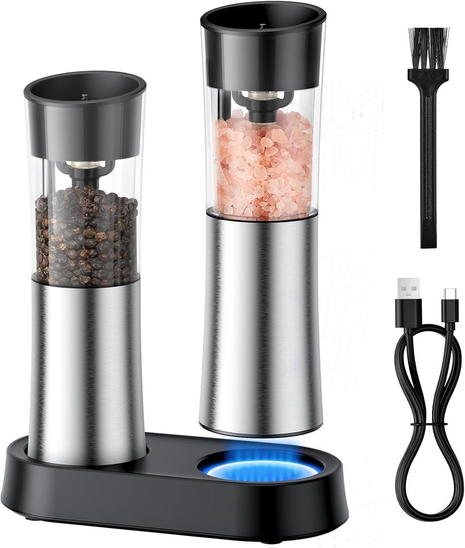 Electric Salt and Pepper Grinder Set  Gravity Rechargeable Salt Pepper Grinder with Charging Base and LED Light, Adjustable Coarseness, Large Capacity, One-handed Operation Salt Pepper Mills