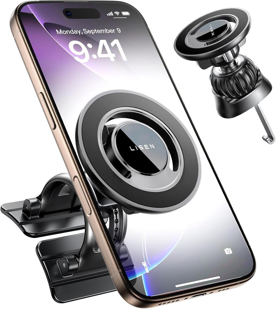 LISEN for MagSafe Car Mount, Magnetic Phone Holder for Car Vent Phone Mount, Hands Free Phone Mount for Car Accessories, Phone Car Mount for iPhone Includeds Both Dashboard and Vent Mount Base, Black