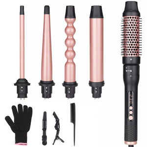 5 in 1 Curling Wand Set Curling Brush Curling Iron Set with Curling Brush and 4 Interchangeable Ceramic Curling Wand(0.5 -1.25 ) Fast Heating Include Glove & 2 Clips 