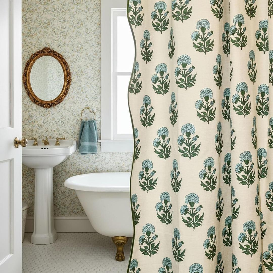 Block Print Shower Curtain Blue and White Shower Curtain Set Linen Textured with 12 Hooks Vintage Floral Grandmillennial Bathroom Decor for Vintage Farmhouse Frenchy Bathroom (72''W x 72''L)