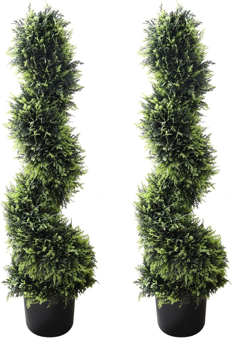 39 inchBoxwood Artificial Cedar Spiral Topiary Trees  Decorative Fake Greenery in Planter Pots for Front Porch, Outdoor Walkway, Entryway Decorating, Set of 2
