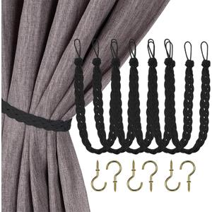 Home Queen Hand Braided Curtain Tie Back, Buckle Holdback Drapery Curtain Tiebacks, 6 Rope Belt Curtain Tie with 6 Metal Hooks, Black