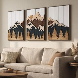Framed Wood 3D Mountain Textured Wall Art for Living Room, Set of 3 Farmhouse Modern Wood Artwork for Walls, Large Mountain Forest Landscape Wall Art Decor for Home Office Bedroom Hallway, 20x30 Inch, 20" W x 30" H x 3Pcs