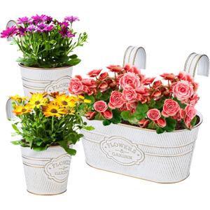 PerGar Vintage Metal Iron Wall Hanging Flower Pots, Rustic Planter Bucket Herb Flower Plant Holder with Detachable Hooks & Drainage Hole for Railing Fence Balcony Deck Garden Home Decoration, Set of 3 (White)