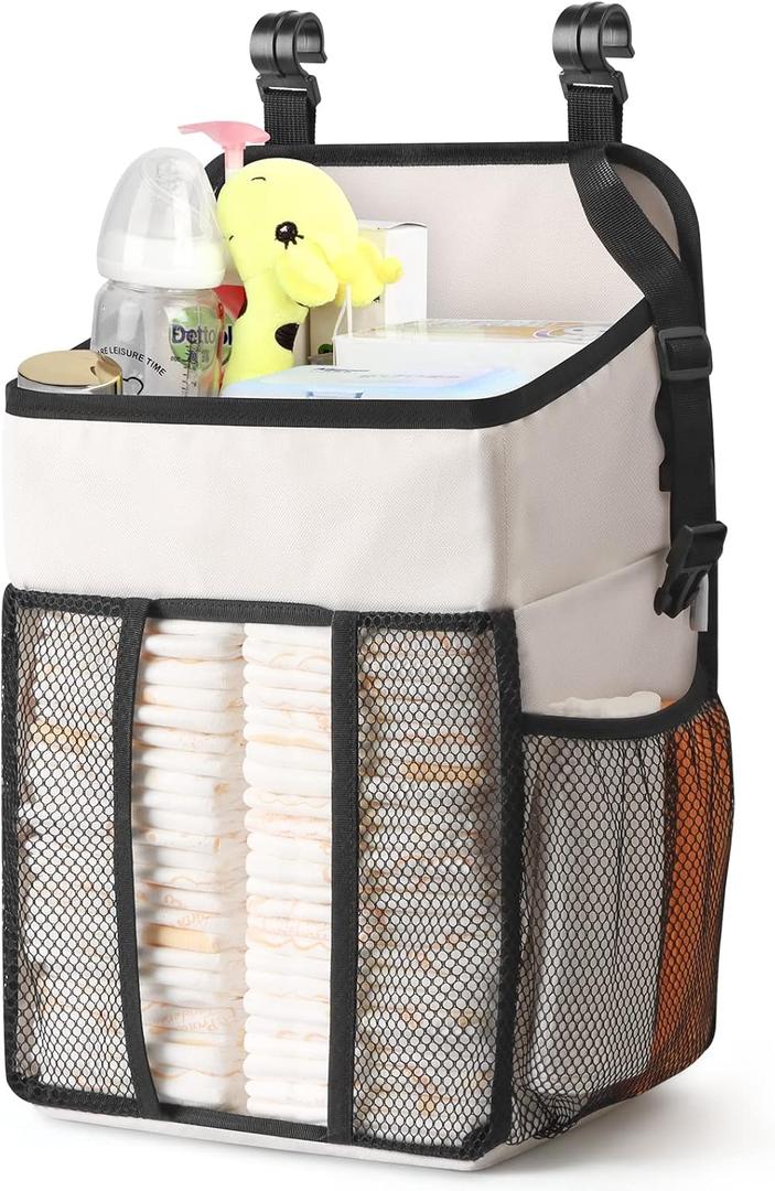 Maliton Hanging Diaper Organizer - Caddy for Changing Table, Crib, Pack n' Play - Stacker Holds 52+ Diapers - Nursery Organizer & Baby Shower Gifts - Beige