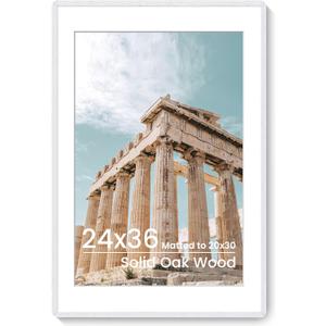 FLYJOE 24x36 Poster Frame | Solid Oak Wood 24 x 36 Picture Frame | 24x36 Poster Frame With Mat For 20x30 | Tempered Glass And Hanging Hardware Included | 36 By 24 Photo Frame Wood (White, 1 Pack)