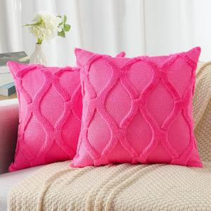 decorUhome Throw Pillow Covers 22x22 Inch Set of 2, Soft Plush Faux Fur Wool Hot Pink Couch Pillow Covers, Decorative Neutral Pillow Cases for Bed Sofa Living Room Home Decor