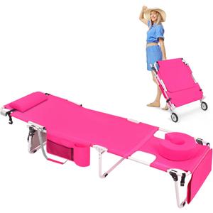 Wheel-To-Go Oversized Tanning Chair with Wheels & Face Hole Thicker Washable Adjustable, Heavy Duty Folding Lay Flat Sun Lounge Chair, Outside Sunbathing Beach Reading Poolside, XL Wide, 330 LBS, Pink