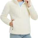 baleaf Women's Quarter Zip Sherpa Fleece Pullover Lightweight Fuzzy Winter Warm Sweatshirt with Zipper Kangaroo Pocket (White, XXL)