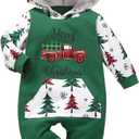 Noubeau My First Christmas Baby Girl Boy Outfit Car Truck Long Sleeve Pocket Hooded Romper Jumpsuit Xmas One Piece Clothes (Green)