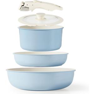 CAROTE Pots and Pans Set, Nonstick Cookware Set Detachable Handle, 15pcs Induction Kitchen Cookware Sets Non Stick with Removable Handle, RV Cookware Set, Oven Safe, Blue