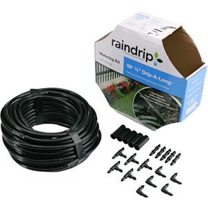 Raindrip R280DT Drip-A-Long 1/4 in. Dripline Kit includes 50 feet of 1/4-Inch Dripline preassembled with 1/2 GPH drippers, 5 Barbed Tees, 5 Barbed Elbows, 5 Barbed Couplings, 5 End Plugs (No Timer)