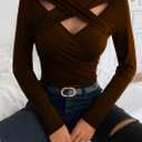 Womens Sexy Long Sleeve Cutout Tops Criss Cross V Neck Slim Fitted Spring Fall Casual Trendy Shirts (Brown, XS)