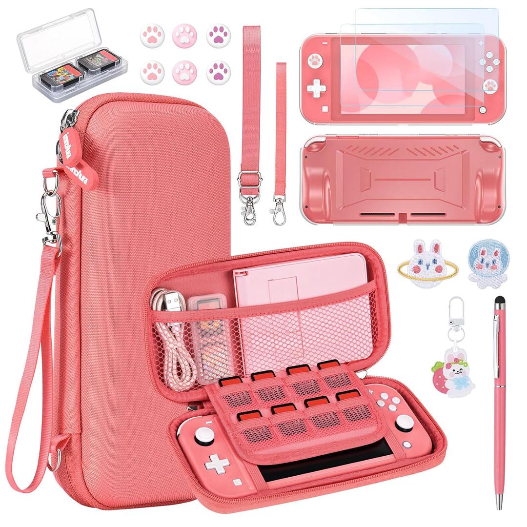innoAura Switch Lite Case 18-in-1 Accessories Bundle with Protective Carrying Case, Game Holder, Screen Protector & Cute Thumb Grips (Coral)