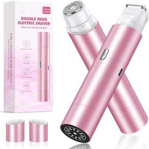 Bikini Trimmer for Women, Dual Head Face Shaver Body Hair Trimmmer, IPX7 Waterproof Womens Electric Razor for Legs, Pink