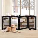 LZRS 4-Panel Freestanding Wooden Dog Gate—Extra Wide 30” Tall Foldable Pet Barrier with Support Feet, Solid Hardwood & Steel Wire Chew-Resistant Safety Gate for Doorways, Hallways, and Stairs, Black