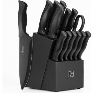 Knife Set, Dishwasher Safe Kitchen Knife Set with Block, 15 Pcs Black Kitchen Knife Sets with Block Self Sharpening, 6 Steak Knives, Black