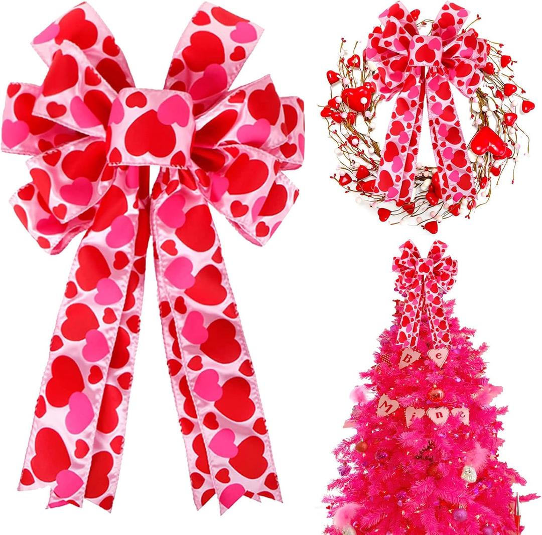 Valentine Tree Topper Bow with Heart Decorations, 11.4x19.6 Large Red Pink Valentines Wreath Bow Decor for Valentine's Day Wedding Holiday Party Wall Home Front Door Decorative (Multicolor)