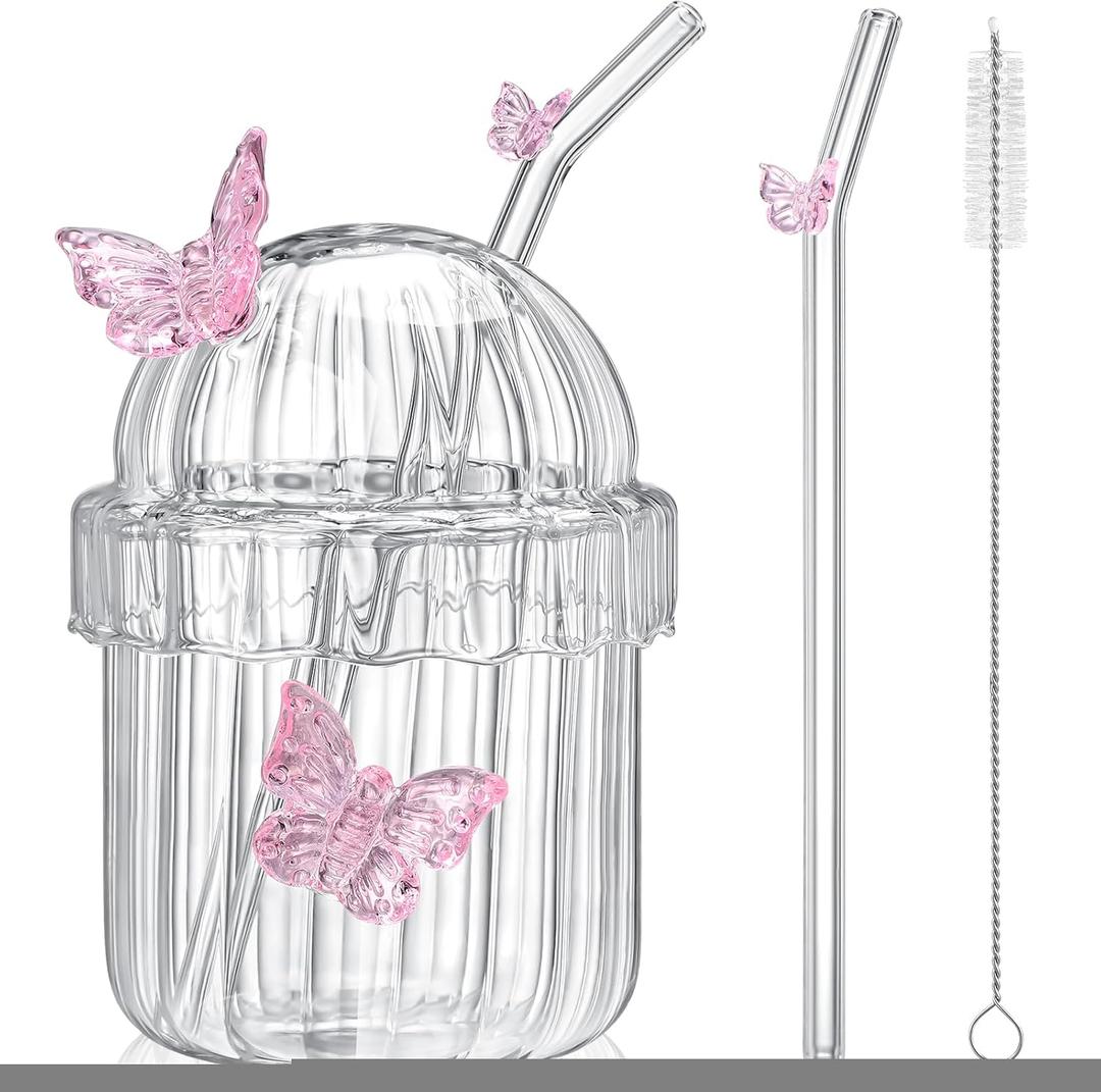 Butterfly Glass Cup with Lid and Straw Vintage French-style Glasses with Vertical Stripes Tea Cup Coffee Mug for Hot and Cold Beverages Juice, Cocktail, Whiskey, Milk(Pink)