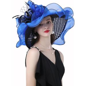 Women Derby Church Organza Flower Wedding Tea Party Fascinator Wide Brim Sun Hat (Blue)
