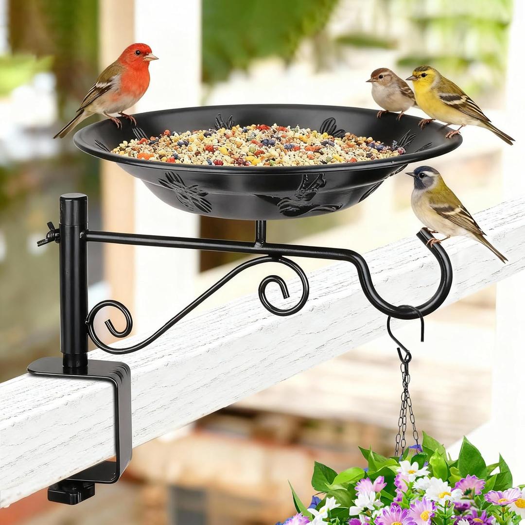 Balcony Bird Feeder, BOLITE Hanging Bird Bath Outdoors Deck Mounted with Garden Decorative Hook for Hanging Planters, Lanterns, Wind Chimes, Gifts for Women Men, Black