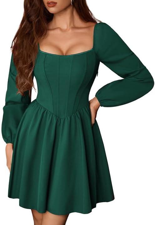 Scarlet Darkness Fall Long Sleeve Mini Dress Fishbone Renaissance Corset Dress (8, Green)
