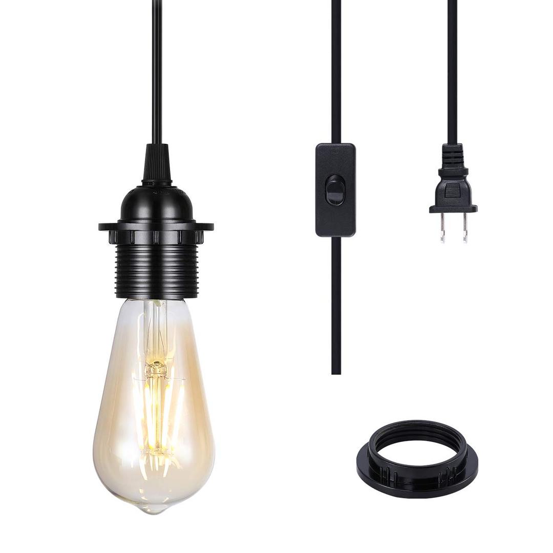 2-Pack HUIBONA Plug-in Pendant Light, 15FT Vintage Hanging Lantern Cord E26/E27 Socket, Black Kit With In-Line On/Off Switch and Lampshade Ring