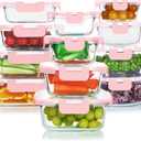 KOMUEE 24 Pieces Glass Food Storage Containers Set, Meal Prep Containers-Stackable Airtight Glass Storage Containers with lids,Freezer, Microwave, Oven Safe,Pink