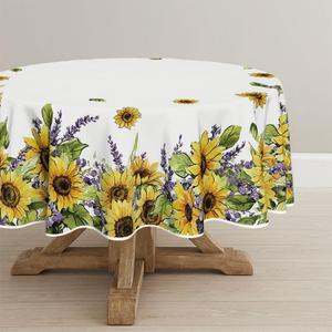Horaldaily Spring Tablecloth 7070 Inch Round, Sunflower Lavender Washable Seasonal Table Cover for Party Picnic Dinner Decor