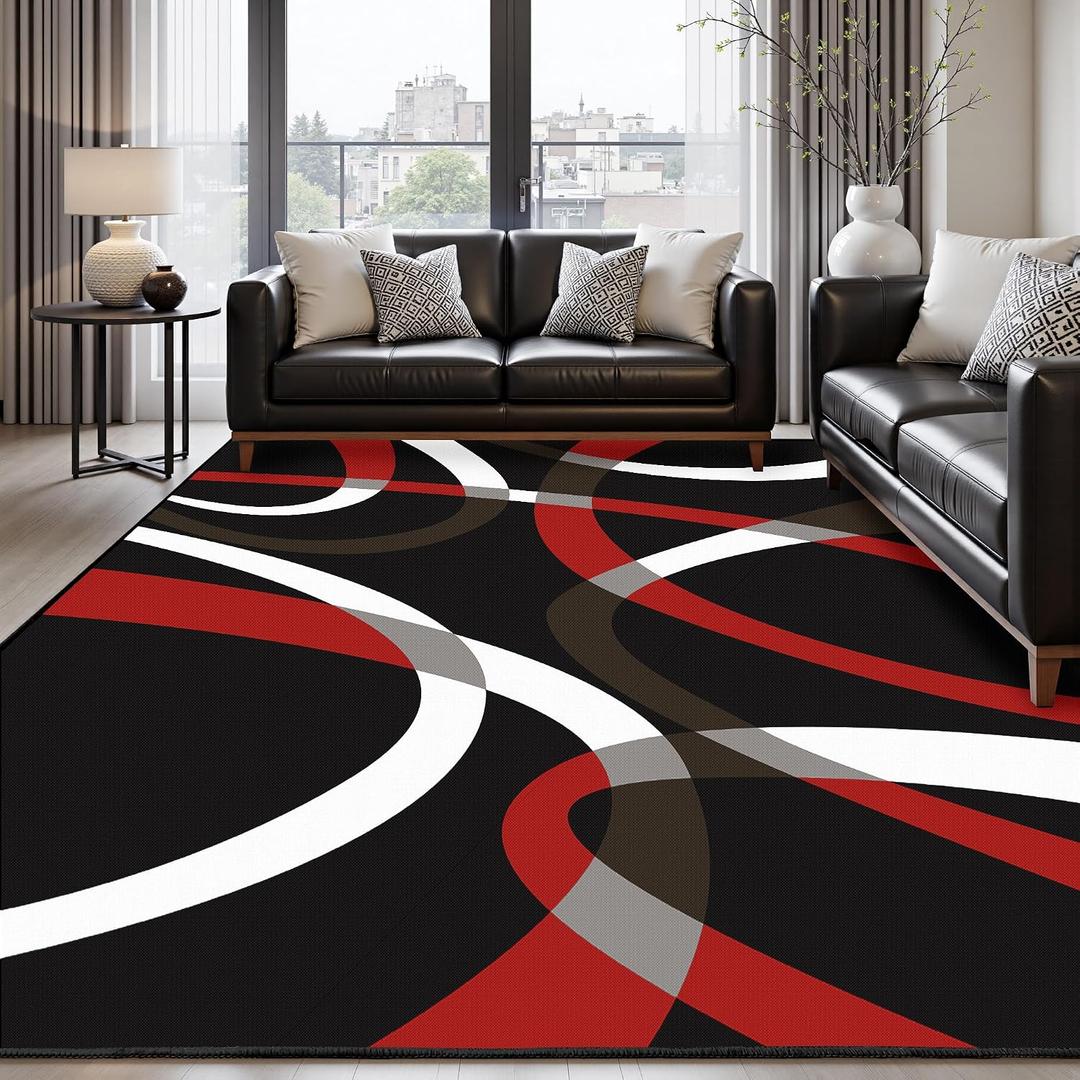 Classical Modern Black and Red Stripe Pattern Area Rug for Living Room 8x10 Outdoor Rug Non Slip&Non-Shedding Low Pile Indoor Large Carpets for Bedroom, Dining Room, Home Office, Bathroom