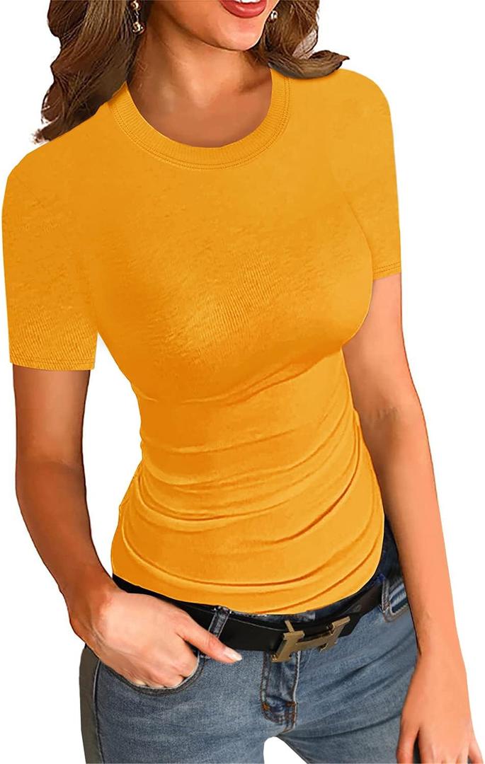 Womens Crewneck Short Sleeve Ribbed T-Shirt Slim Fit Tops Solid Basic Tee (Medium, Yellow)
