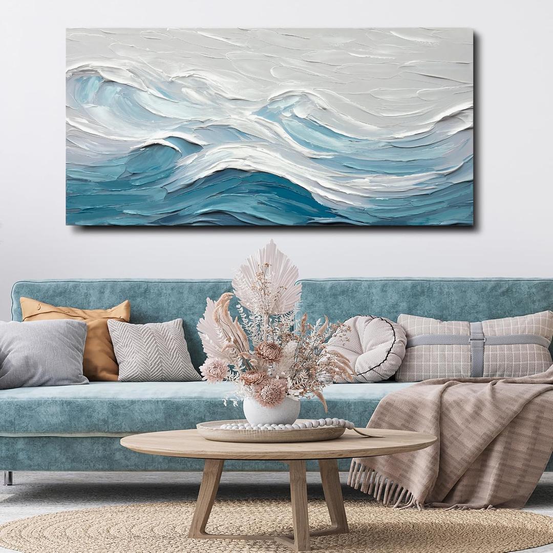 TRAIN2 ART Abstract Wall Art for Living Room Blue and White Ocean Paintings Wall Decor Modern 3D Textured Canvas Wall Art Large Artwork for Living Room Bedroom Office 20"x40"