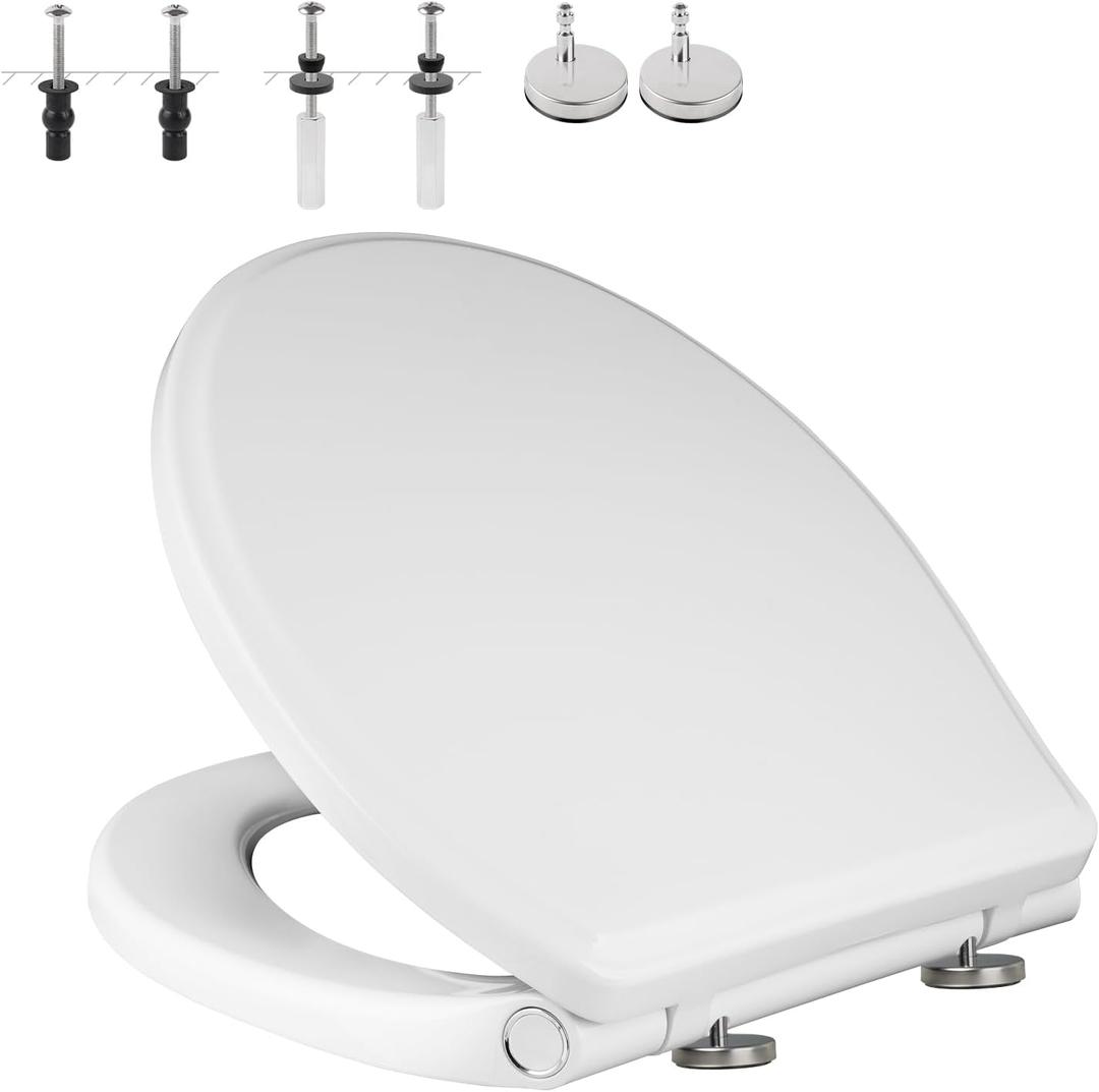 Universal Elongated Toilet Seat with Softclose Cover, One-Click to Quick Release, Compatible with TOTO/Gerber/Kohler Oval Toilet Seats, 2-Pack Toilet Bolts and Nuts, Non-Slip Toilet Bumpers, White