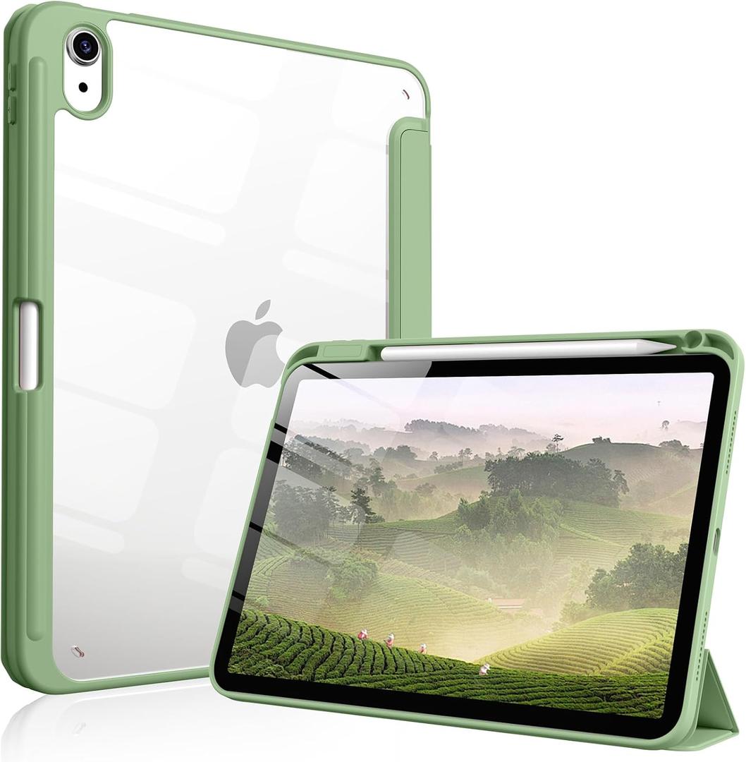 Case for iPad Air 11 Inch M4/M3/M2 2026/2025/2024, iPad Air 5th/4th Generation 10.9 Inch 2022/2020 with Pencil Holder, Auto Sleep/Wake, Shockproof Cover with Clear Back Shell (Light Green)