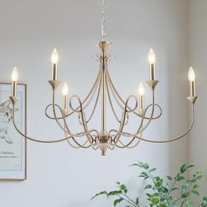 Modern Brushed Nickel Chandelier, 6-Lights Candle Dining Room Light Fixture 36.6in Farmhouse Chandeliers Metal Pendant Lights for Living Room Bedroom Entryway Kitchen Island, Large