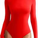 REORIA Womens Long Sleeve Bodysuits Fall Basic Round Neck Lightweight Double Lined Layering Slim Body Suit Tops (Red, L)