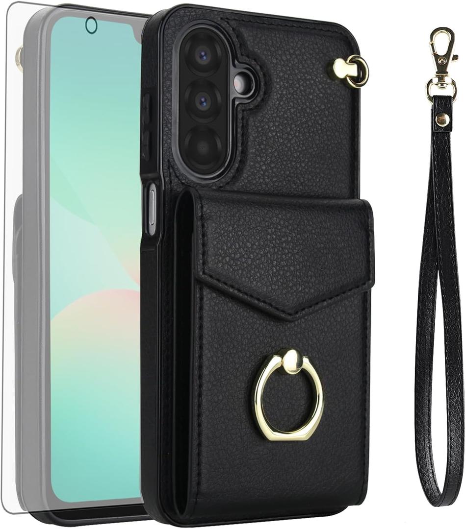 Asuwish Phone Case for Samsung Galaxy A17/A26 5G Wallet Cover with Tempered Glass Screen Protector and RFID Blocking Ring Credit Card Holder Leather Cell Accessories A 17 26 17A 26A 4G Women Men Black
