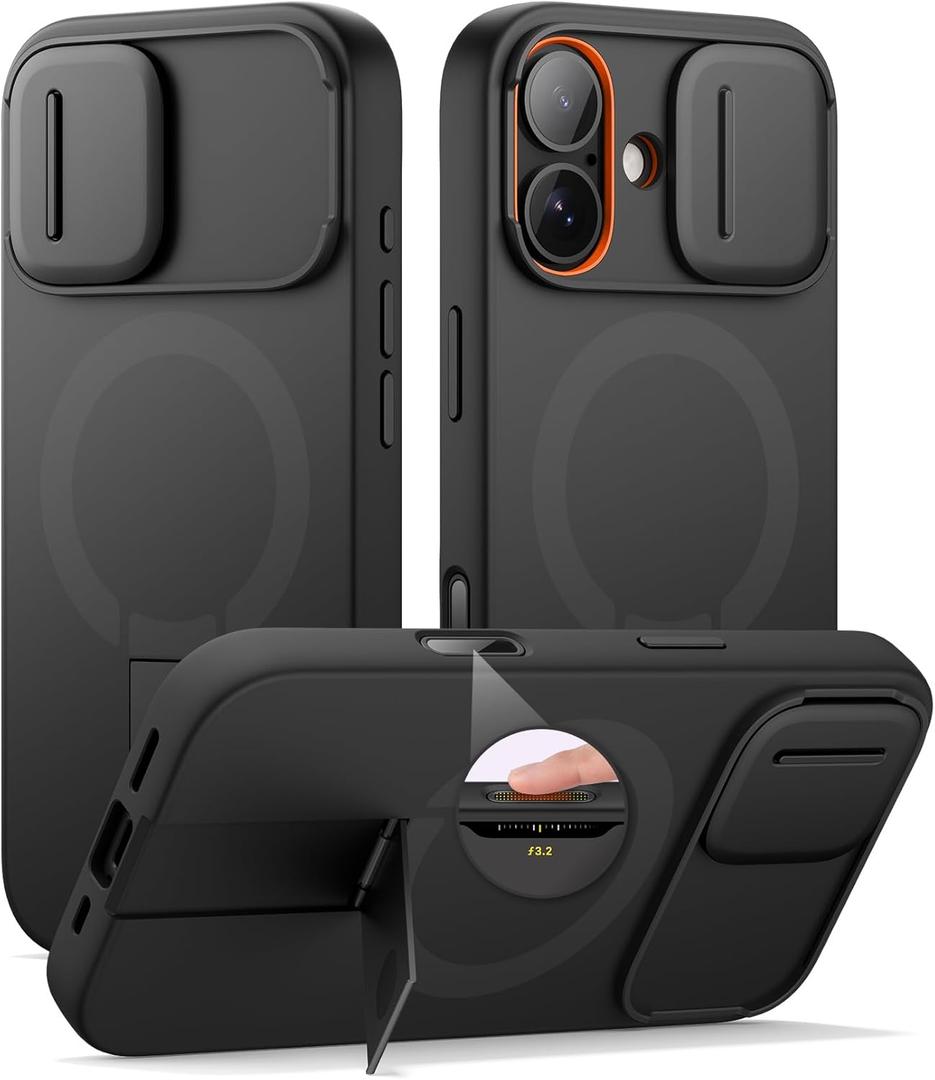 SURITCH for iPhone 17 Case with Camera Control Cover, Camera Slide Cover and Adjustable Kickstand, Compatible with MagSafe, Shockproof Bumper Protective Cases 6.3 Inch, Black
