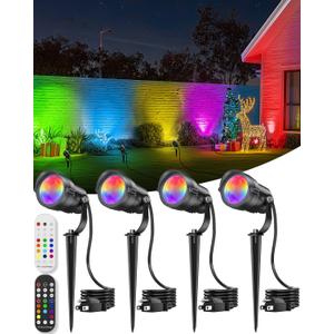 HIBOITEC 12W Christmas Spotlight Outdoor with Remote Plug Timer Color Changing 120V Landscape Lighting Waterproof Dimmable LED Spot Light for Yard Christmas Outside House Garden Tree Decoration 4Pack