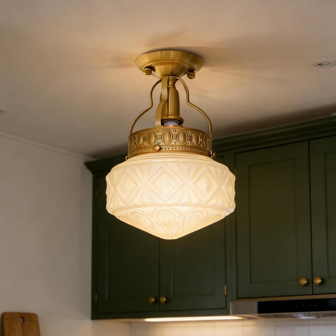 Bofea-Gold Semi Flush Mount Ceiling Light,Brass Light Fixture,Vintage Milk Yellow Glass Flush Mount Ceiling Lights,Hallway Light Fixtures,Mid Century Chandelier for Foyer Bedroom Bathroom