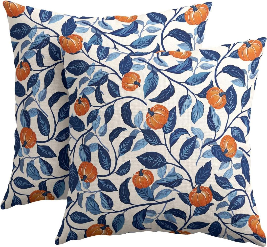 Kawani Fall Pillow Covers 18x18 Inch Blue and Orange Pumpkin Leaf Autumn Harvest Outdoor Decorative Throw Pillows Set of 2 Thanksgiving Holiday Pillowcases for Couch Home Decor