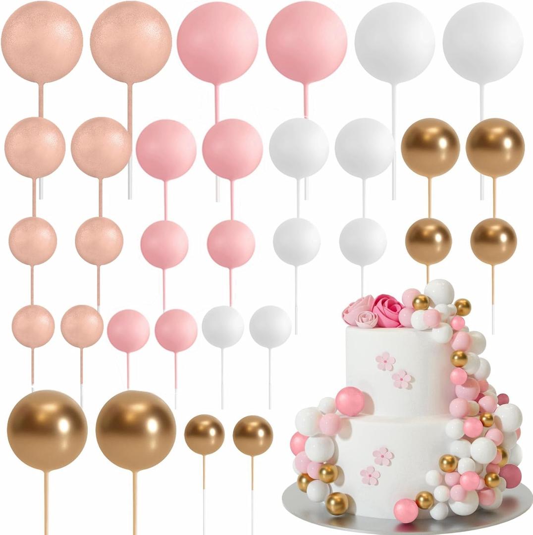 ASTARON 32 Pcs Ball Cake Topper Decorations Mini Balloons Cake Topper Sticks Foam Balls Cake Picks Cake Topper Balls Cake Decorations for Wedding Party Birthday Cake Decorations (Rose/Gold/Pink)