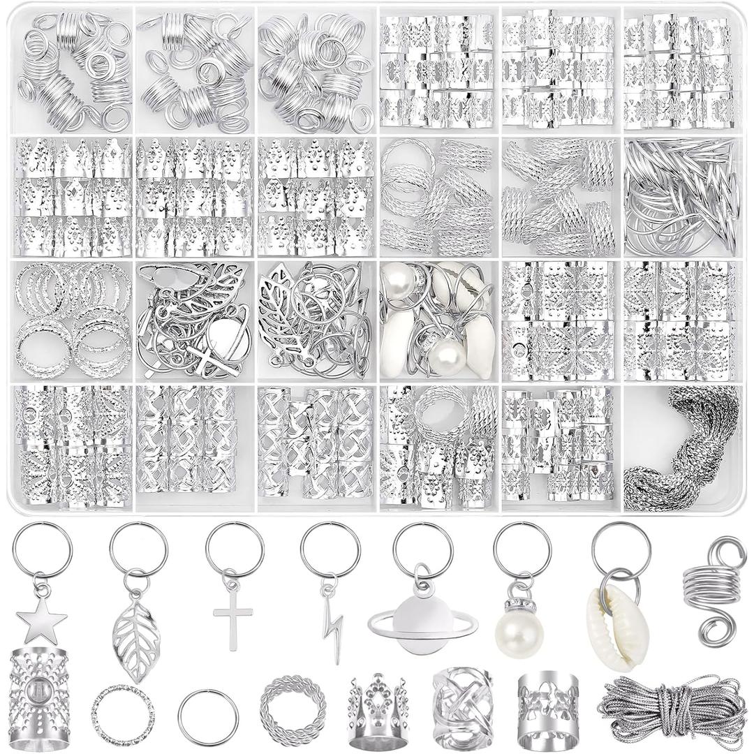 Lucomb 259 Pcs Hair Jewelry, Hair Accessories for Braids Silver Loc Jewelry for Hairs Dreadlocks Braid Jewelrys Hairs Cuffs Clips Dreadlock Accessories for Women's Loc Charms Rings Decoration