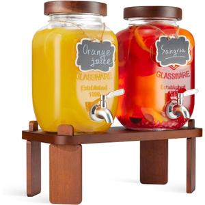 2PCS Large Drink Dispensers for Parties,Glass Beverage Dispenser with Wood Stand,Lemonade Drink Dispenser with Stainless Steel Spigot for Fridge,Water, Juice,Punch,Cocktails,Ice Tea & Sun Tea