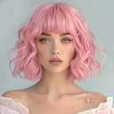 Curly Bob Wig with Bangs Short Wavy Pink Wigs for Women Natural Looking Synthetic Heat Resistant Fiber Bob Wig for Daily Party Use (Pink)