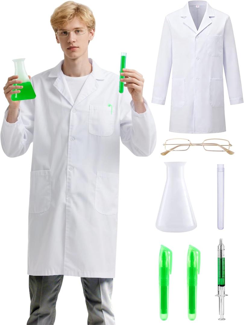 7 Pieces Mad Scientist Costume, Scientist Doctor Costume Includes White Lab Coat, Glasses, Plastic Flask for Halloween Party Accessories