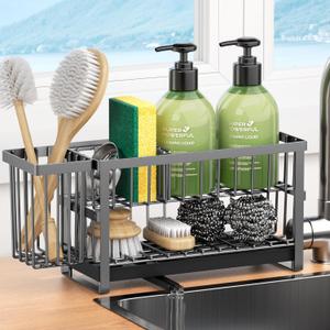 Sponge Holder for Kitchen Sink, 2 Tier Sink Caddy Organizer Countertop with Dish Brush Holder and 360 Drain Tray, Rustproof Stainless Steel Dish Soap Storage Rack Set for Accessories Grey (Gray)